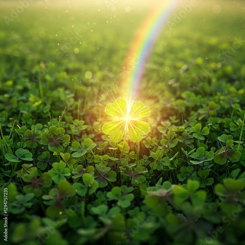 good luck four leaf clover standing out from meadow of green clovers.  Rainbow, Unique discovery of a rare 4 leaf clover for St Patricks day charm or to symbolize luck, good fortune, or prosperity.