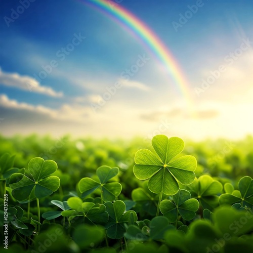 good luck four leaf clover standing out from meadow of green clovers.  Rainbow, Unique discovery of a rare 4 leaf clover for St Patricks day charm or to symbolize luck, good fortune, or prosperity.