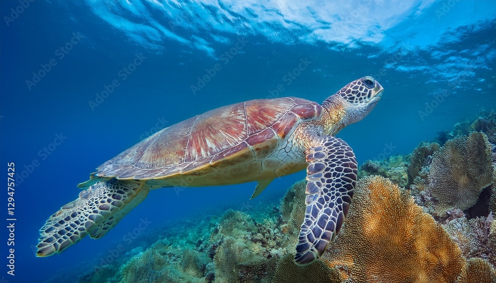 Obraz premium A close-up of a majestic sea turtle gliding gracefully through crystal-clear waters, surrounded by vibrant coral reefs. The image captures the texture of the turtle's shell and the soft movements