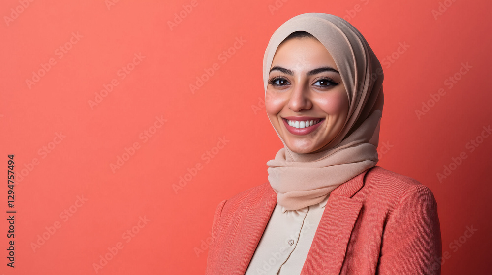Joyful and Playful Middle-Eastern Woman in Her Early 30s with a Big Smile Against a Solid Coral Background, Radiating Happiness and Vibrance Joyful and Playful Middle-Eastern Woman in Her Early 30s with a Big Smile Against a Solid Coral Background, Radiating Happiness and Vibrance