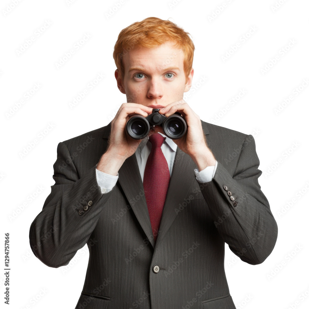 Businessman observing through binoculars in urban office setting Businessman observing through binoculars in urban office setting