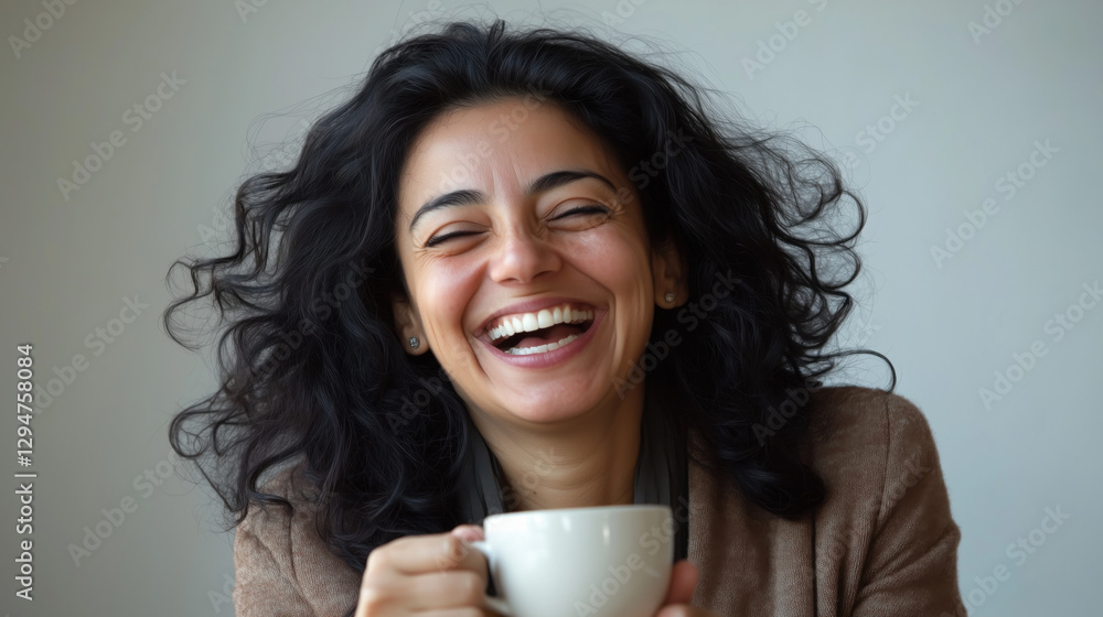 Joyful Middle-Eastern Woman in Her Early 40s Laughing Heartily While Holding a Cup of Coffee Against a Soft Light Background, Exuding Happiness and Warmth Joyful Middle-Eastern Woman in Her Early 40s Laughing Heartily While Holding a Cup of Coffee Against a Soft Light Background, Exuding Happiness and Warmth