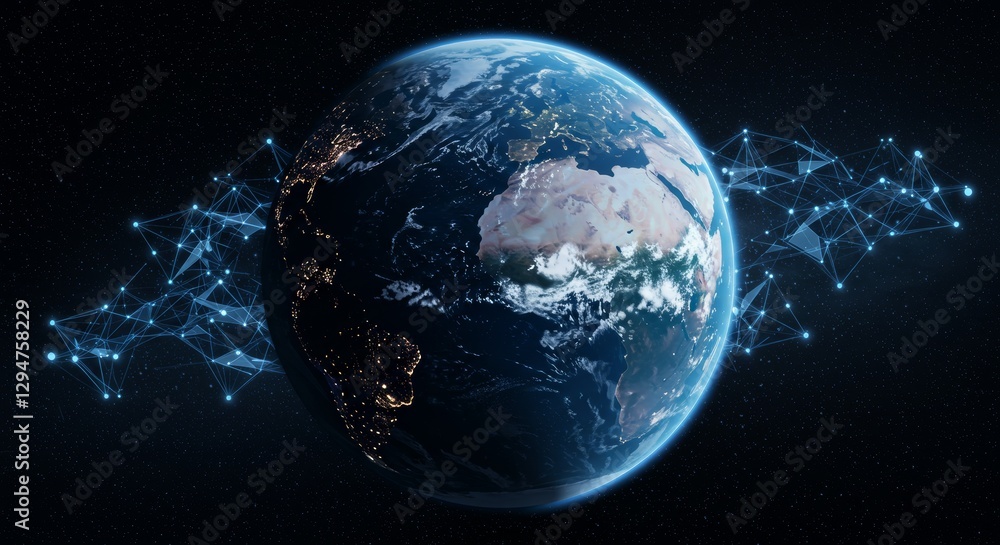 Naklejka premium A CGI rendering of a glowing network of interconnected nodes and lines overlaying a vibrant view of Earth from space