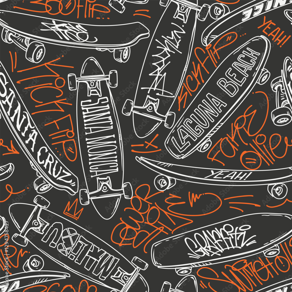Fototapeta premium Seamless Pattern Featuring Skateboards and Graffiti Lettering in Urban Style