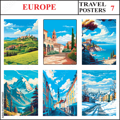 Europe Italy Plaza de la Corredera Thassos Travel Poster Wall Art Print Collection Set Part 7