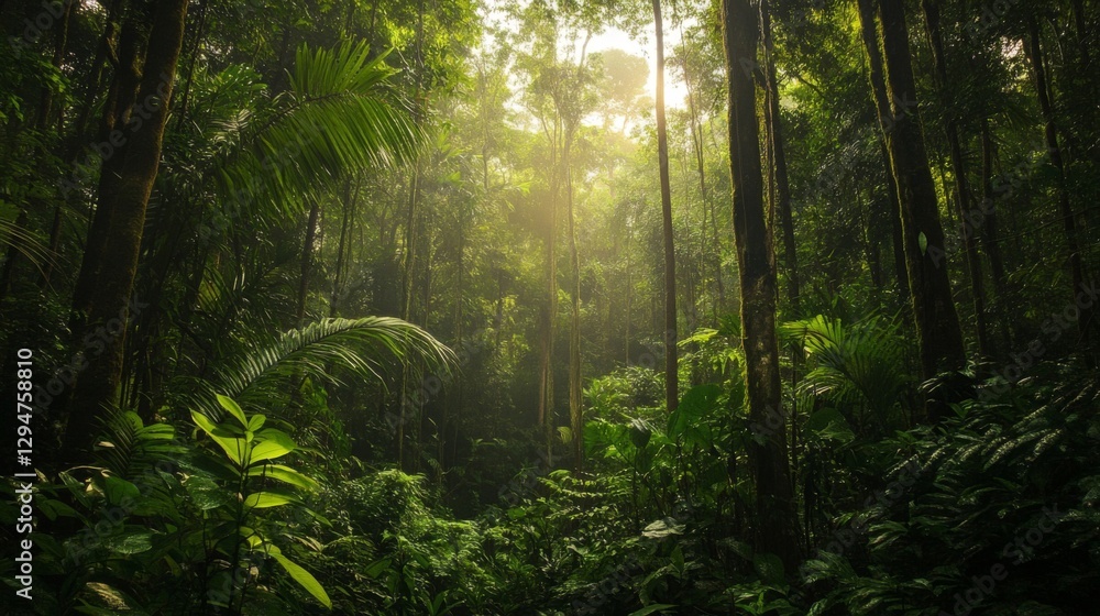 Fototapeta premium Sunlit Rainforest Canopy With Lush Green Vegetation