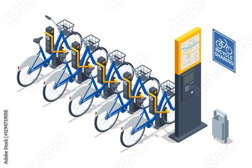 Bike rental. Bike rental. An isometric, vector illustration of a bicycle-sharing station with blue bikes in docking units, plus a payment kiosk featuring a city map for quick rentals