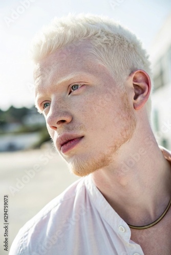 A beautiful young man with albinism, featuring fair skin, white hair, and delicate features. He looks confident and serene, with soft natural lighting highlighting her unique beauty