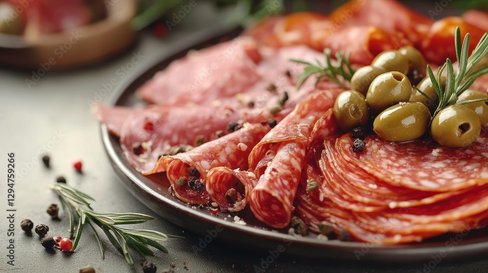 Salami, olives, rosemary platter, kitchen, appetizer Salami, olives, rosemary platter, kitchen, appetizer