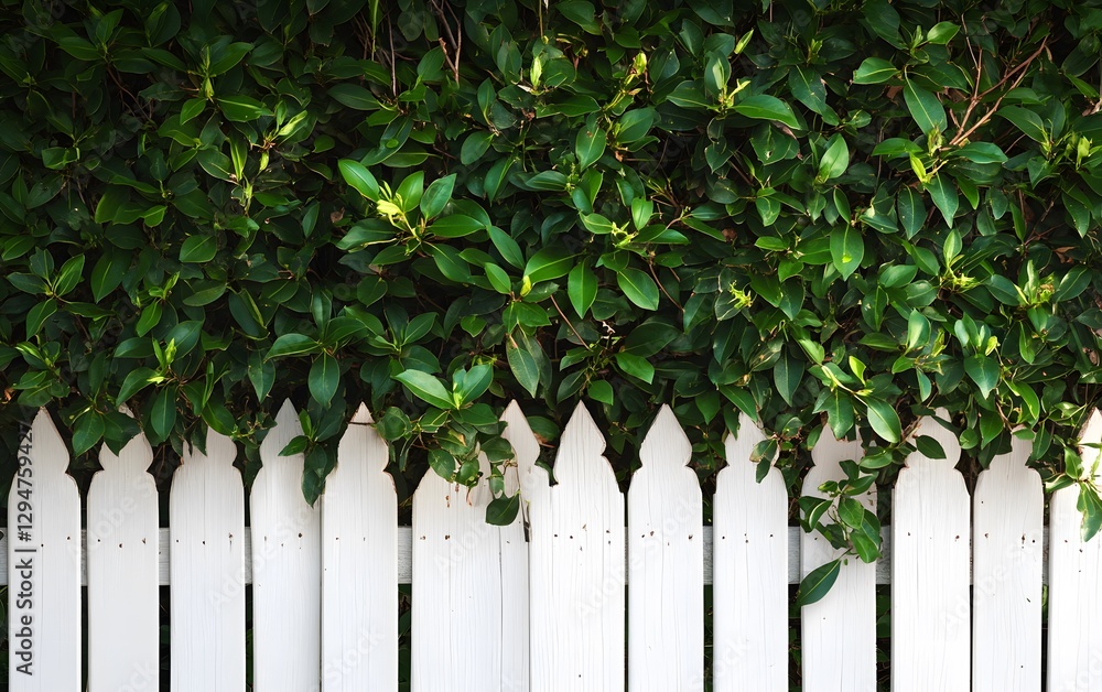 Fototapeta premium Lush Green Hedge Over White Picket Fence