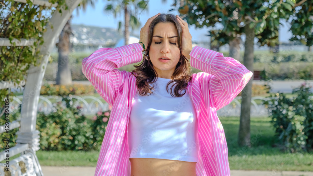 A young brunette businesswoman in a tree-filled park on a spring day, looking at the camera with a thoughtful expression A young brunette businesswoman in a tree-filled park on a spring day, looking at the camera with a thoughtful expression