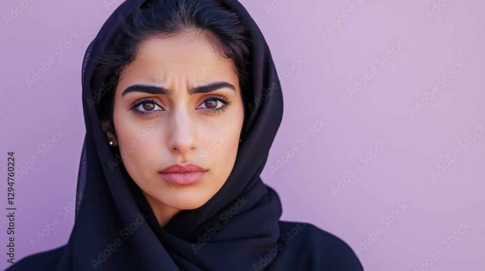 Worried Middle-Eastern Woman in Her Late 20s with Furrowed Brows Against a Solid Soft Lavender Background, Capturing a Moment of Concern and Introspection Worried Middle-Eastern Woman in Her Late 20s with Furrowed Brows Against a Solid Soft Lavender Background, Capturing a Moment of Concern and Introspection