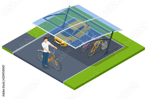 Bicycle rent parking zone with a transparent roof. Isometric bicycle-sharing station with blue bikes in docking units, plus a payment kiosk featuring a city map for quick rentals