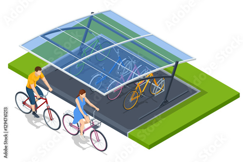 Bicycle rent parking zone with a transparent roof. Isometric bicycle-sharing station with blue bikes in docking units, plus a payment kiosk featuring a city map for quick rentals
