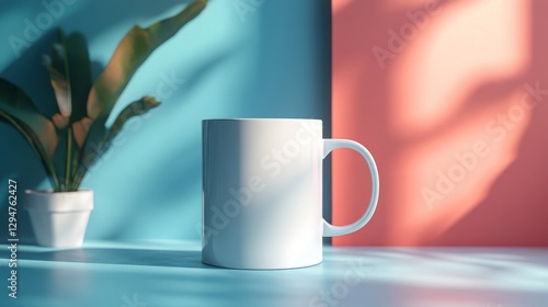 White Mug On Blue And Coral Background With Plant