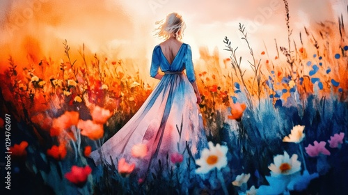Beautiful woman in elegant long skirt dancing walking in wild flower field in Spring.