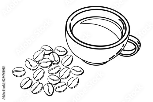 Coffee Beans and Cup in Elegant Line Drawing Vector