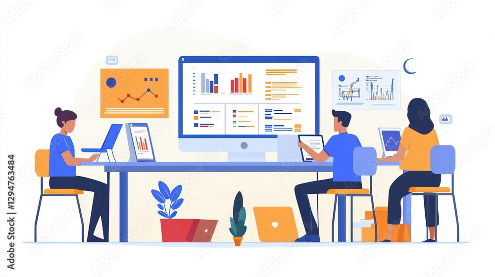 Team analyzing data on large screen, night office Team analyzing data on large screen, night office
