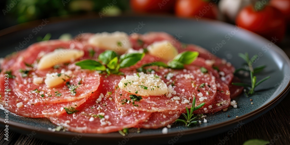 Deliciously arranged cold cuts with herbs, cheese, and garnishes on a dark plate Deliciously arranged cold cuts with herbs, cheese, and garnishes on a dark plate