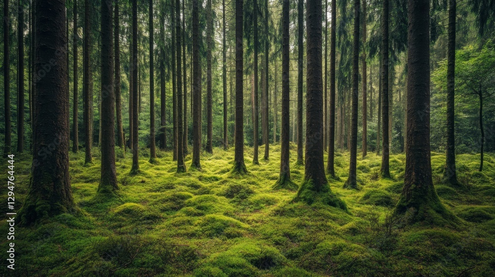 Fototapeta premium Lush Green Forest with Sunlight Dappled Through Tall Trees