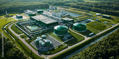 A large-scale anaerobic digestion plant with pipelines transporting biomethane, visually representing the circular economy in renewable energy.