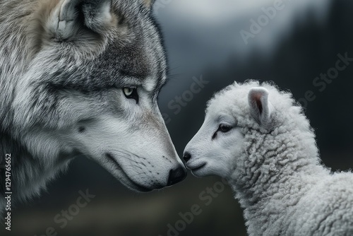 close up of wolf and the lamb look at each other photo