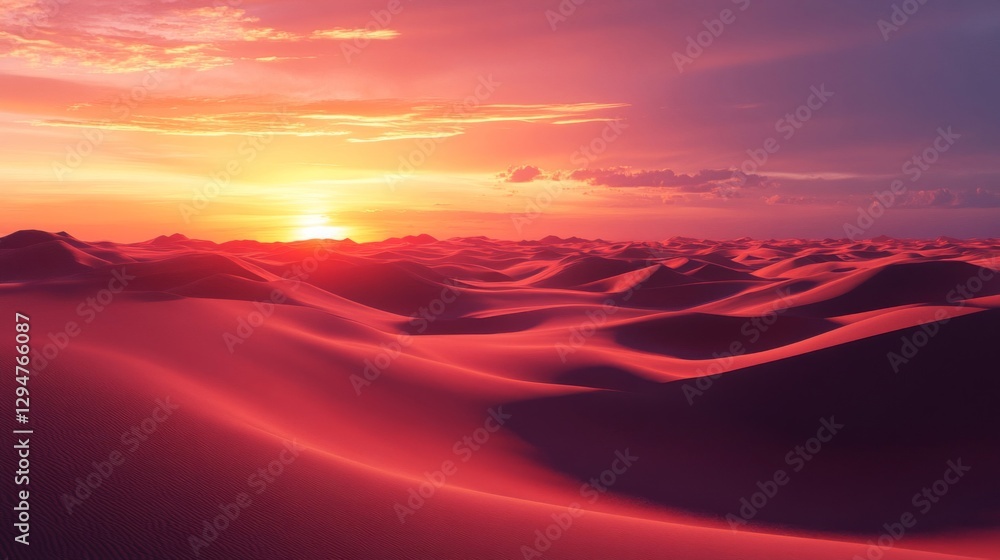 Vibrant Red Sunset Over Rolling Sand Dunes Vibrant Red Sunset Over Rolling Sand Dunes