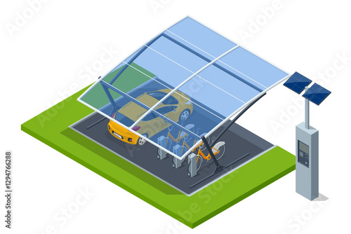 Bike rental. An isometric, vector illustration of a solar-powered bike-sharing station, lined with orange bicycles and a payment kiosk, offering convenient urban mobility