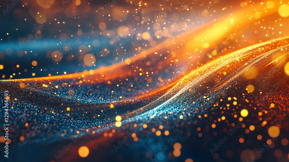Obraz premium Abstract Orange Blue Glittering Particle Wave Background Digital Art Design Modern Texture Shiny Elegant Luxury Festive Celebration Sparkling 