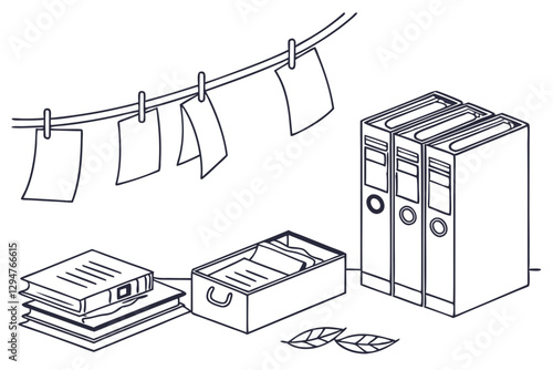 Stylized Line Drawing of Office Papers and Files Vector Art