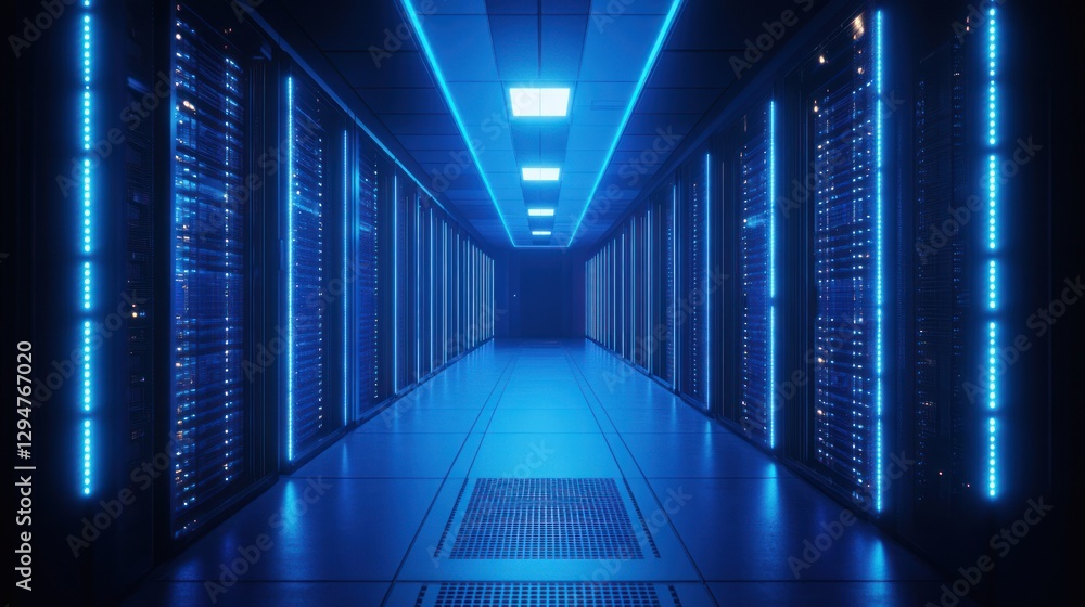 Futuristic server room hallway illuminated by blue light Futuristic server room hallway illuminated by blue light