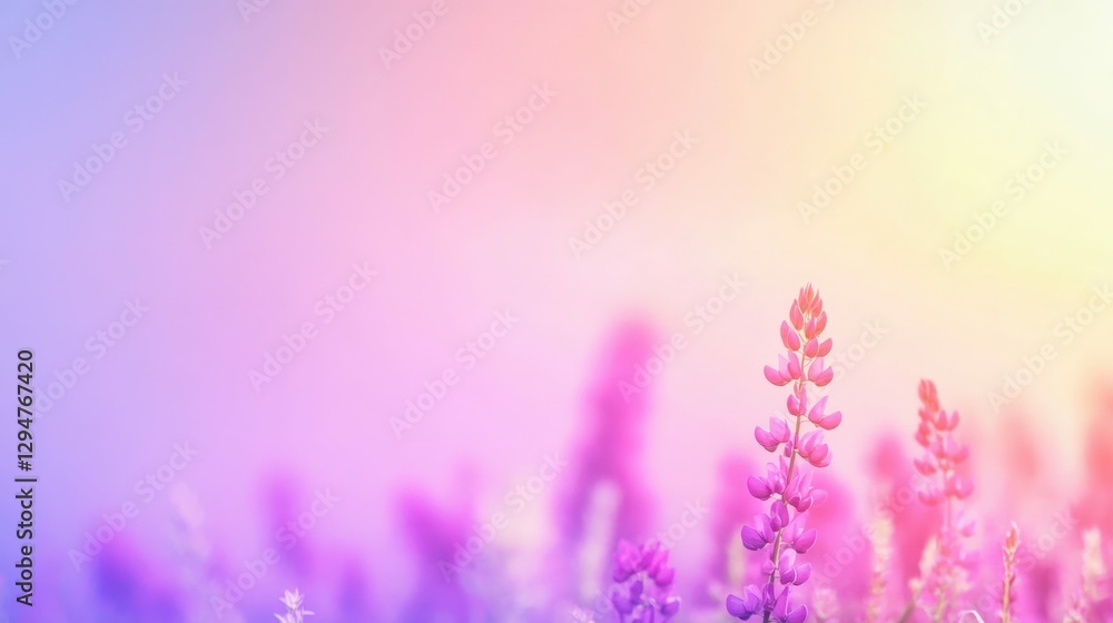 Naklejka premium Field of blooming lupines in shades of purple and pink, serene and vibrant garden atmosphere