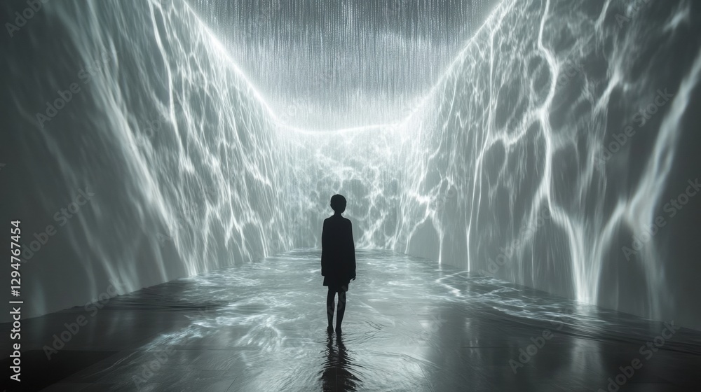 Obraz premium A woman stands in a room with a projected image of water.