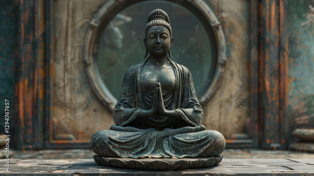 Sitting Buddha figurine mediating, situated in garden of green leaves and small flowers with rocks and old branches Sitting Buddha figurine mediating, situated in garden of green leaves and small flowers with rocks and old branches
