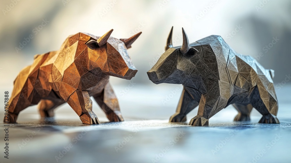 Fototapeta premium Low Poly Bull and Bear Figurines Facing Off