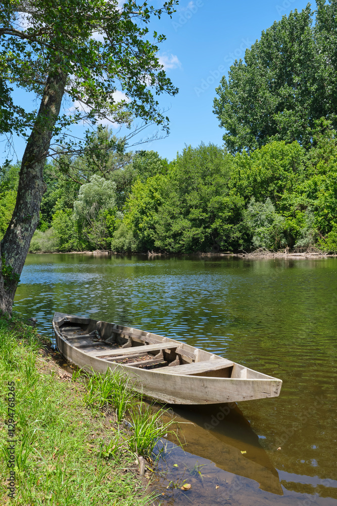 Fototapeta premium Small wooden unpainted boat in the Dordogne river near the village of Carennac in Lot Occitanie Southern France under a blue sky in summer. 