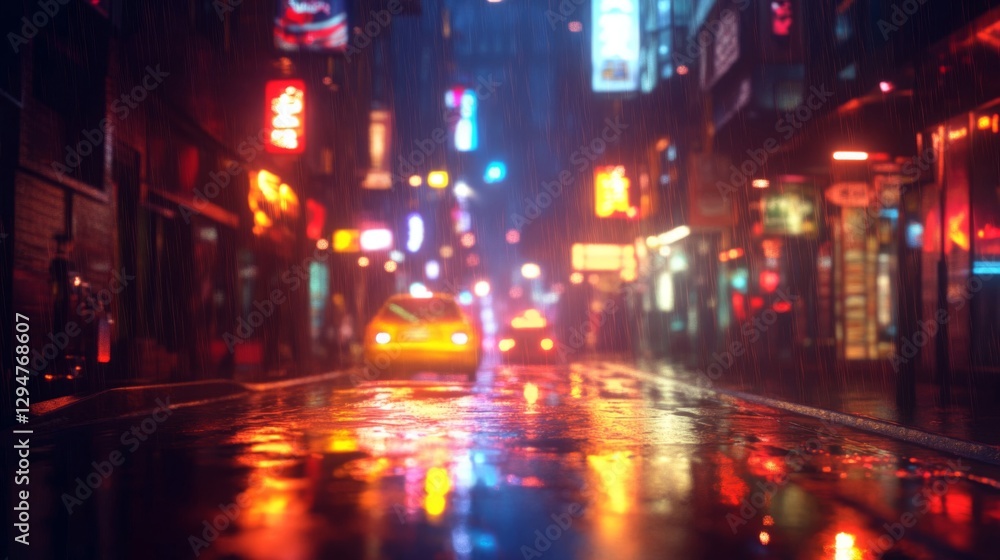 Obraz premium Rainy Night City Street with Bright Neon Lights