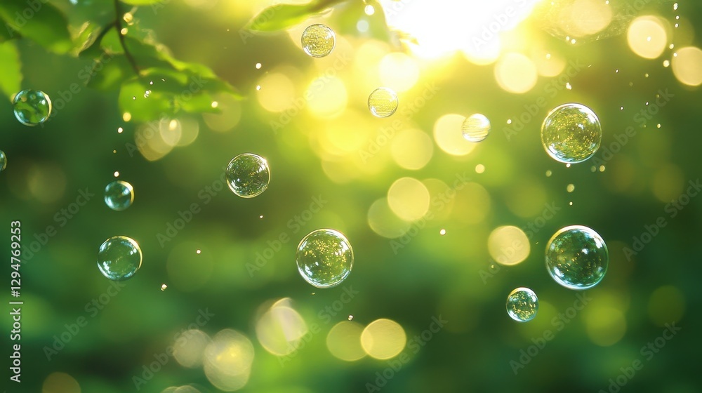 Sunlit bubbles amidst green leaves with bokeh background Sunlit bubbles amidst green leaves with bokeh background