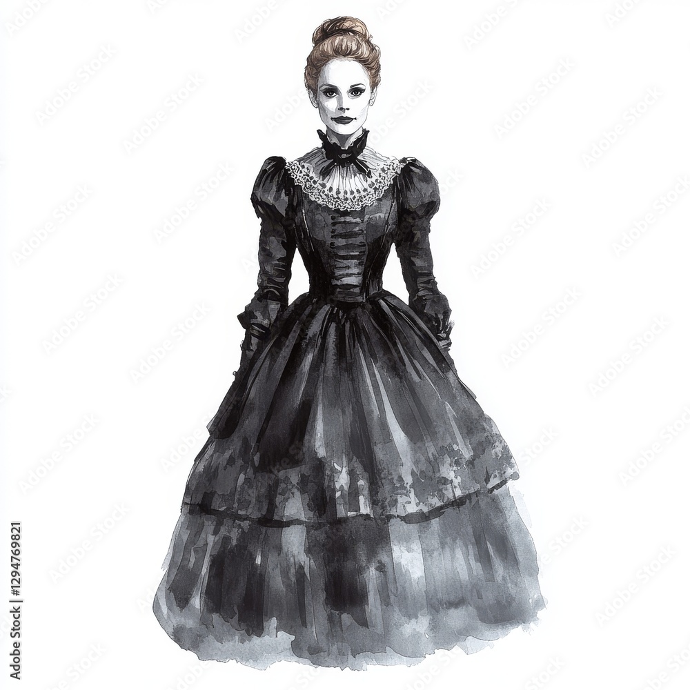 A spectral figure in Victorian garb, under a midnight sky, rendered in watercolor, isolated on white A spectral figure in Victorian garb, under a midnight sky, rendered in watercolor, isolated on white