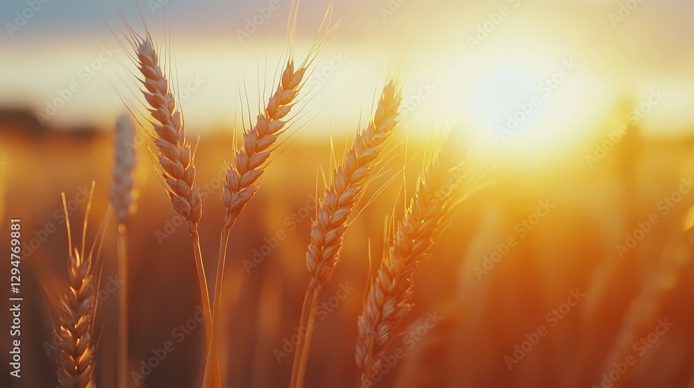Golden wheat field at sunrise with warm sunlight and soft focus Golden wheat field at sunrise with warm sunlight and soft focus