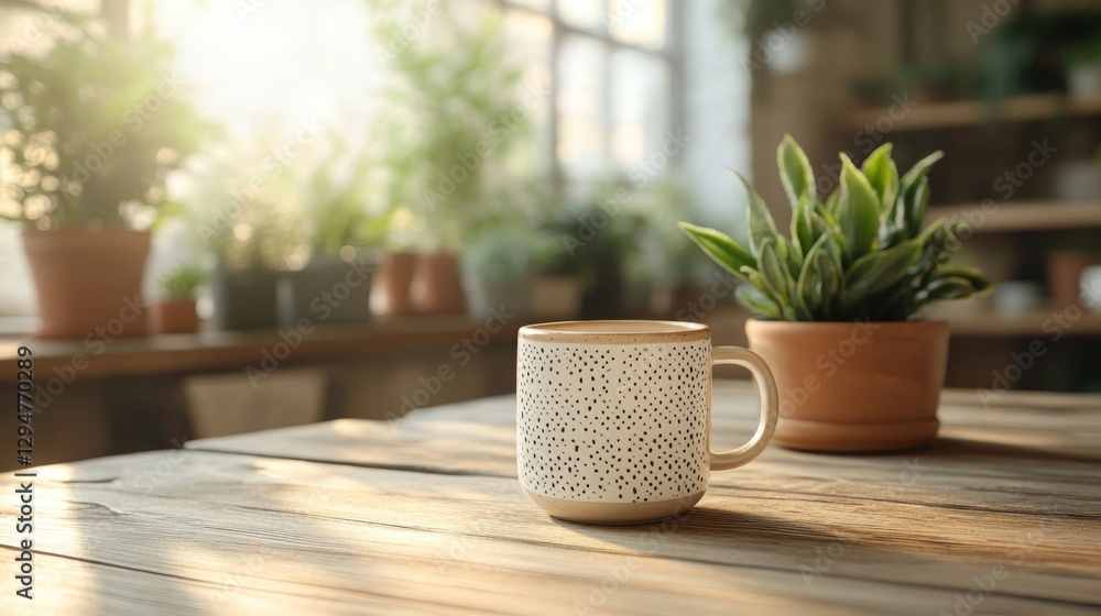 Fototapeta premium Sunlit Morning Coffee Mug Beside Houseplants