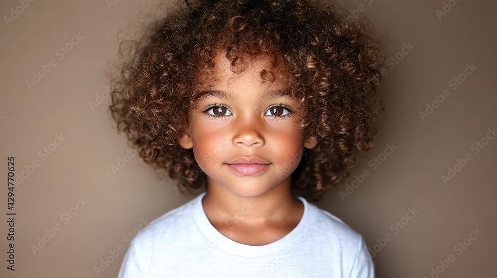 A young child stands facing the camera with a gentle smile. The kid has beautifully textured curly hair and wears a simple white shirt. The soft background enhances the child's expression A young child stands facing the camera with a gentle smile. The kid has beautifully textured curly hair and wears a simple white shirt. The soft background enhances the child's expression