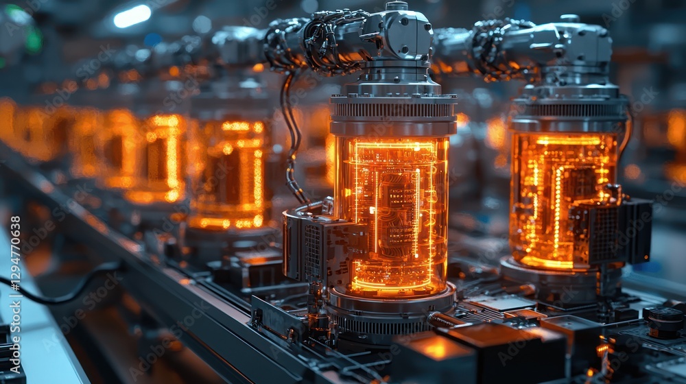 Robotic factory assembly line producing glowing circuits Robotic factory assembly line producing glowing circuits