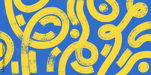 Abstract Dry Brush Stroke Noodle Pattern. Vector Graphic Spaghetti Background With Yellow Ramen Noodles On Blue Background. Hand Drawn Distress Damaged Edge Vintage Template, Banner, Poster.