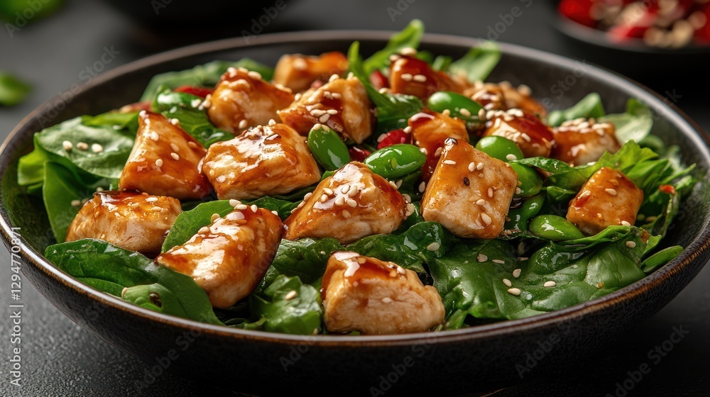 Teriyaki chicken salad bowl with spinach and edamame, dark background Teriyaki chicken salad bowl with spinach and edamame, dark background