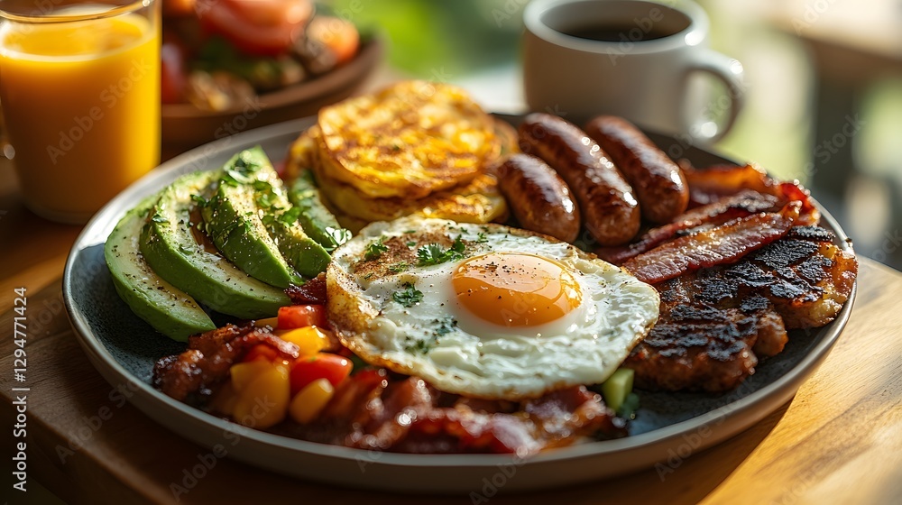 Rich breakfast platter featuring fried egg with runny yolk, crispy bacon, grilled sausages, pan-fried potatoes, avocado slices and golden pancakes. Accompanied by coffee and fresh orange juice Rich breakfast platter featuring fried egg with runny yolk, crispy bacon, grilled sausages, pan-fried potatoes, avocado slices and golden pancakes. Accompanied by coffee and fresh orange juice