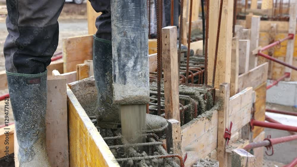 Construction workers with concrete boom pump crane at new house construction site pouring concrete into a formwork with reinforcement for building walls Construction workers with concrete boom pump crane at new house construction site pouring concrete into a formwork with reinforcement for building walls