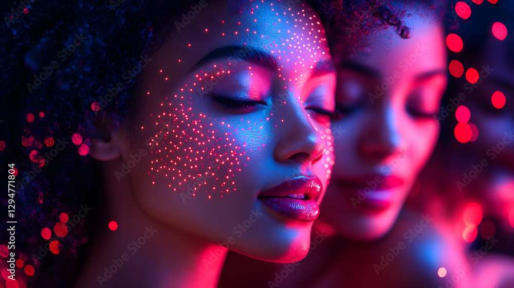 Close-up, stylish, women, neon face paint Close-up, stylish, women, neon face paint