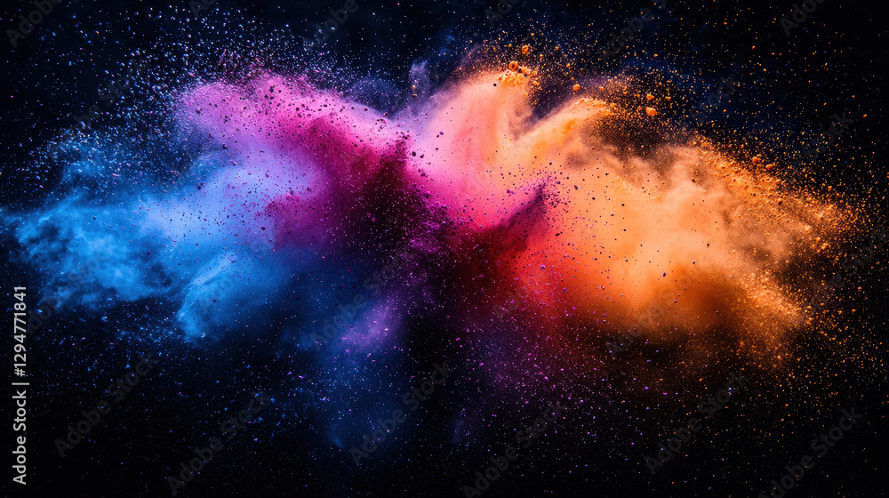 Swirling colorful powder suspended in air creating a mesmerizing effect against a dark background during a vibrant artistic display Swirling colorful powder suspended in air creating a mesmerizing effect against a dark background during a vibrant artistic display