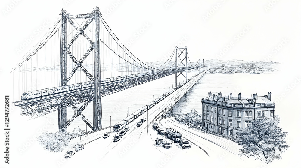 Fototapeta premium Coastal Suspension Bridge, City Traffic, Artistic Sketch